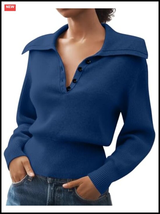 Sweaters - Women'S Slim Fit Ribbed Knit Polo Sweater V-Neck Long Sleeve Half Button Down
